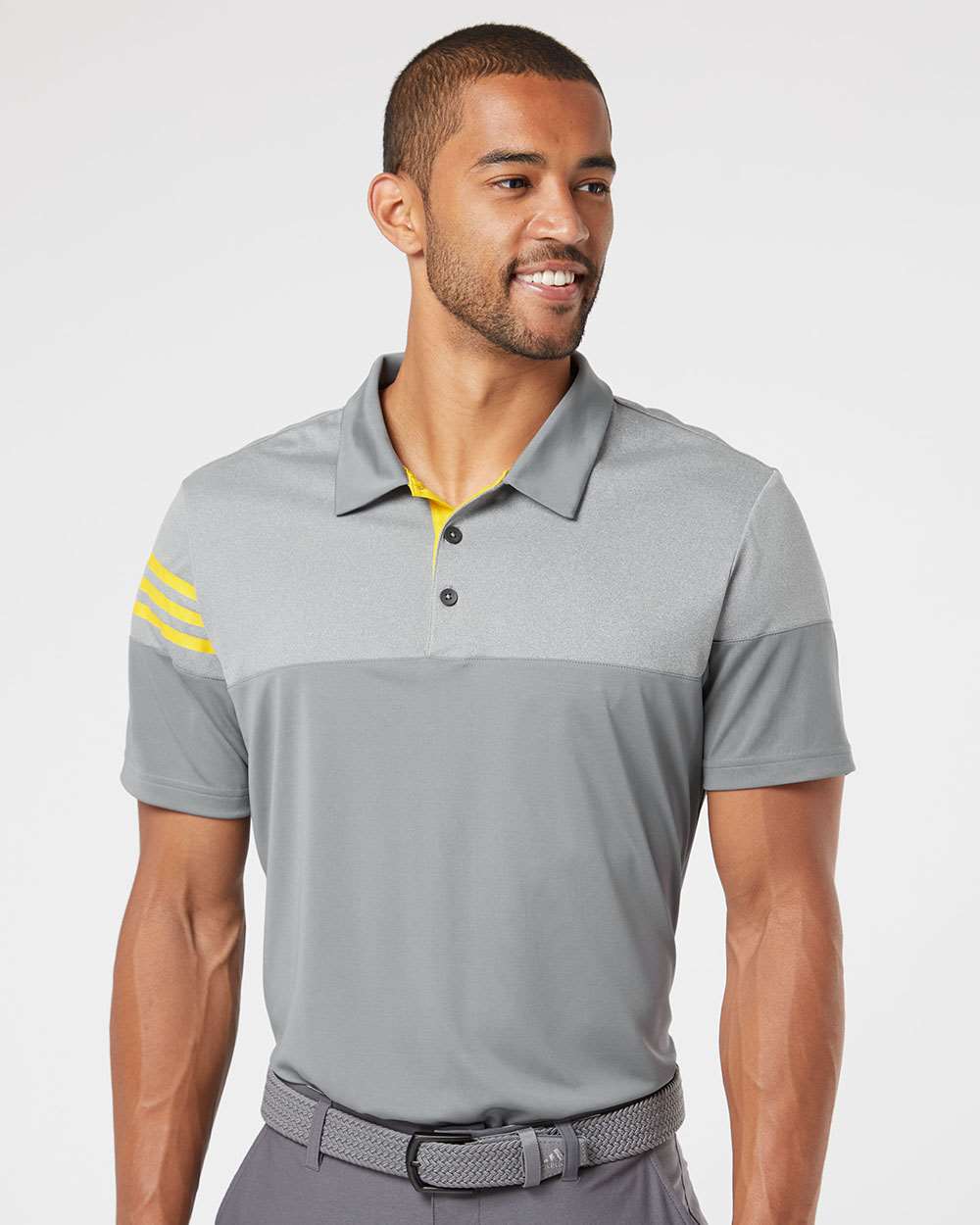 Men's Heathered 3-Stripes Colorblocked Polo - OnModelFront - B18353583 - Vista Grey/ EQT Yellow