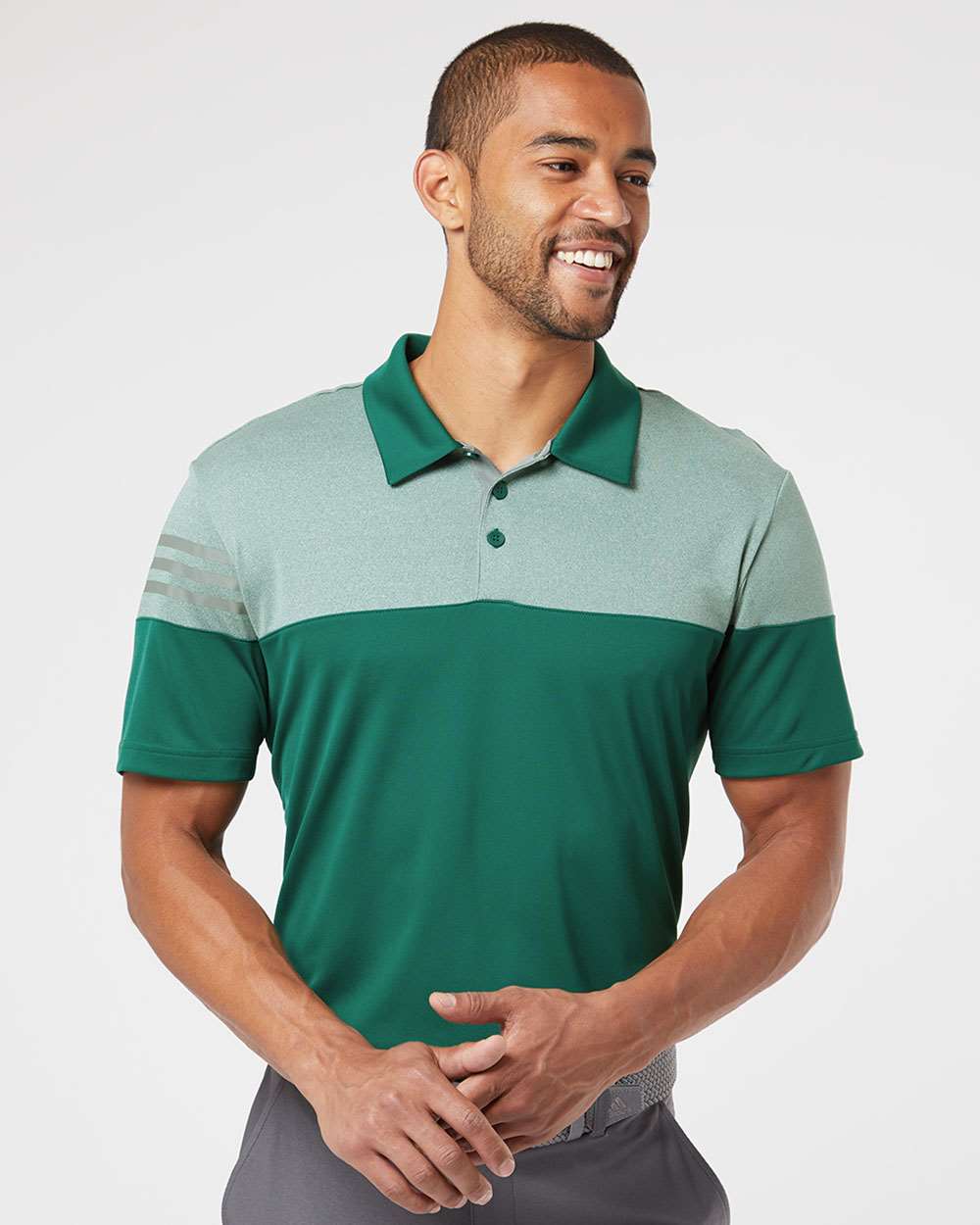 Men's Heathered 3-Stripes Colorblocked Polo - OnModelFront - B18353604 - Collegiate Green