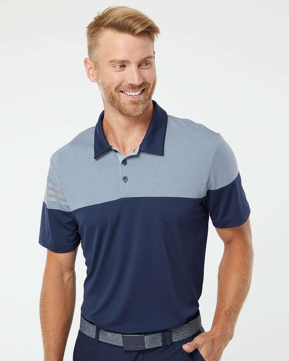 Men's Heathered 3-Stripes Colorblocked Polo - OnModelFront - B18353654 - Collegiate Navy/ Mid Grey