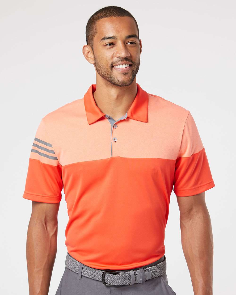 Men's Heathered 3-Stripes Colorblocked Polo - OnModelFront - B18353663 - Blaze Orange/ Vista Grey