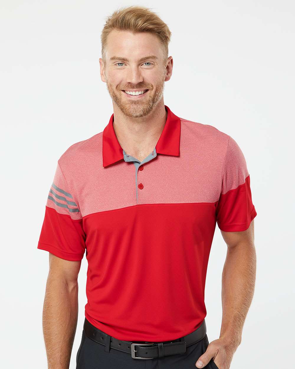 Men's Heathered 3-Stripes Colorblocked Polo - OnModelFront - B18353704 - Power Red