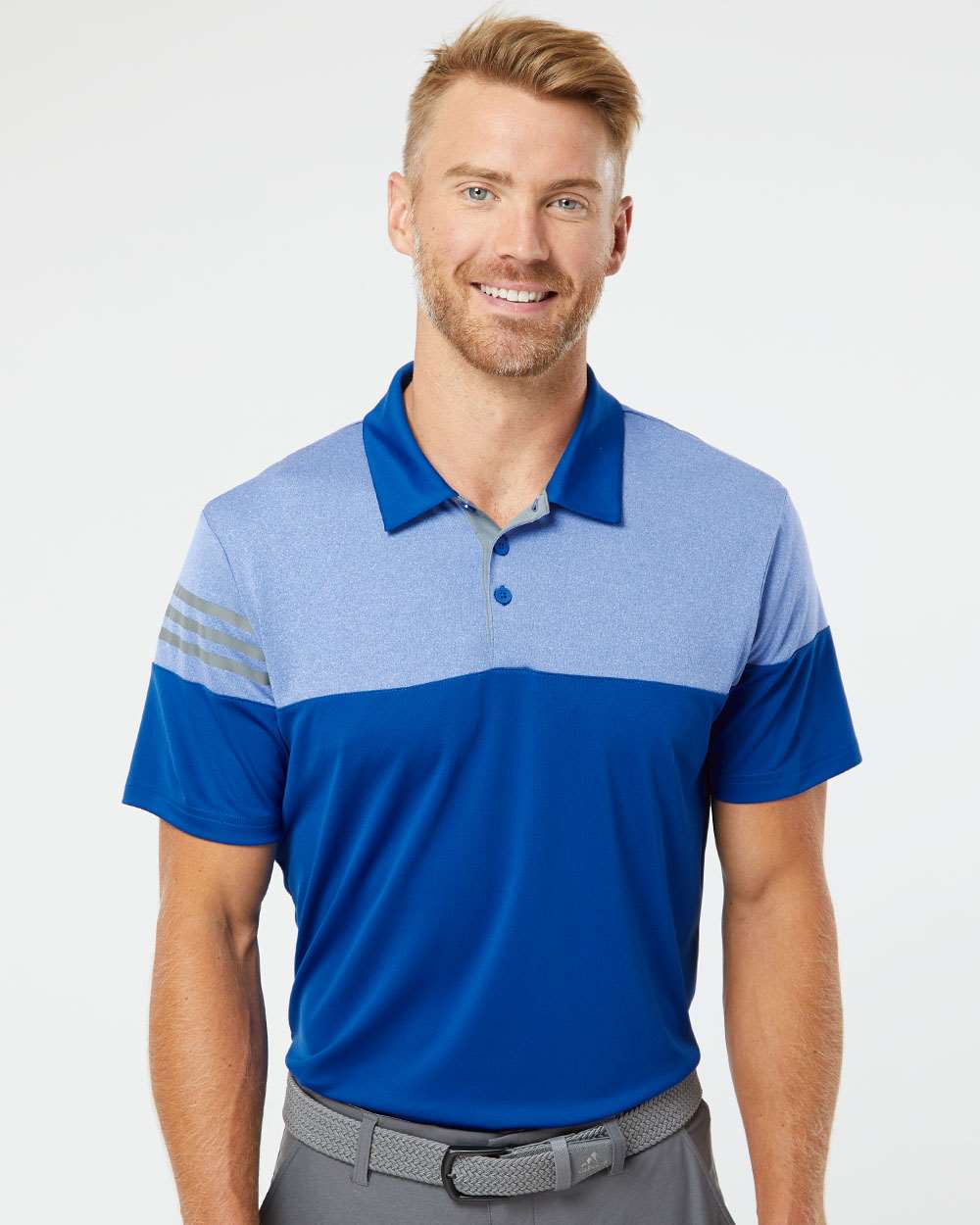 Men's Heathered 3-Stripes Colorblocked Polo - OnModelFront - B18353753 - Collegiate Royal