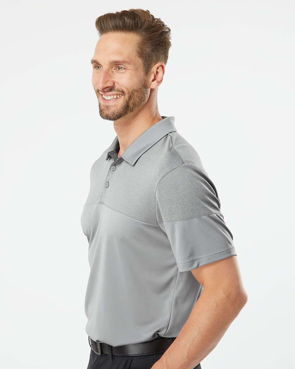 Men's Heathered 3-Stripes Colorblocked Polo - OnModelSide - B18353353 - Grey Three