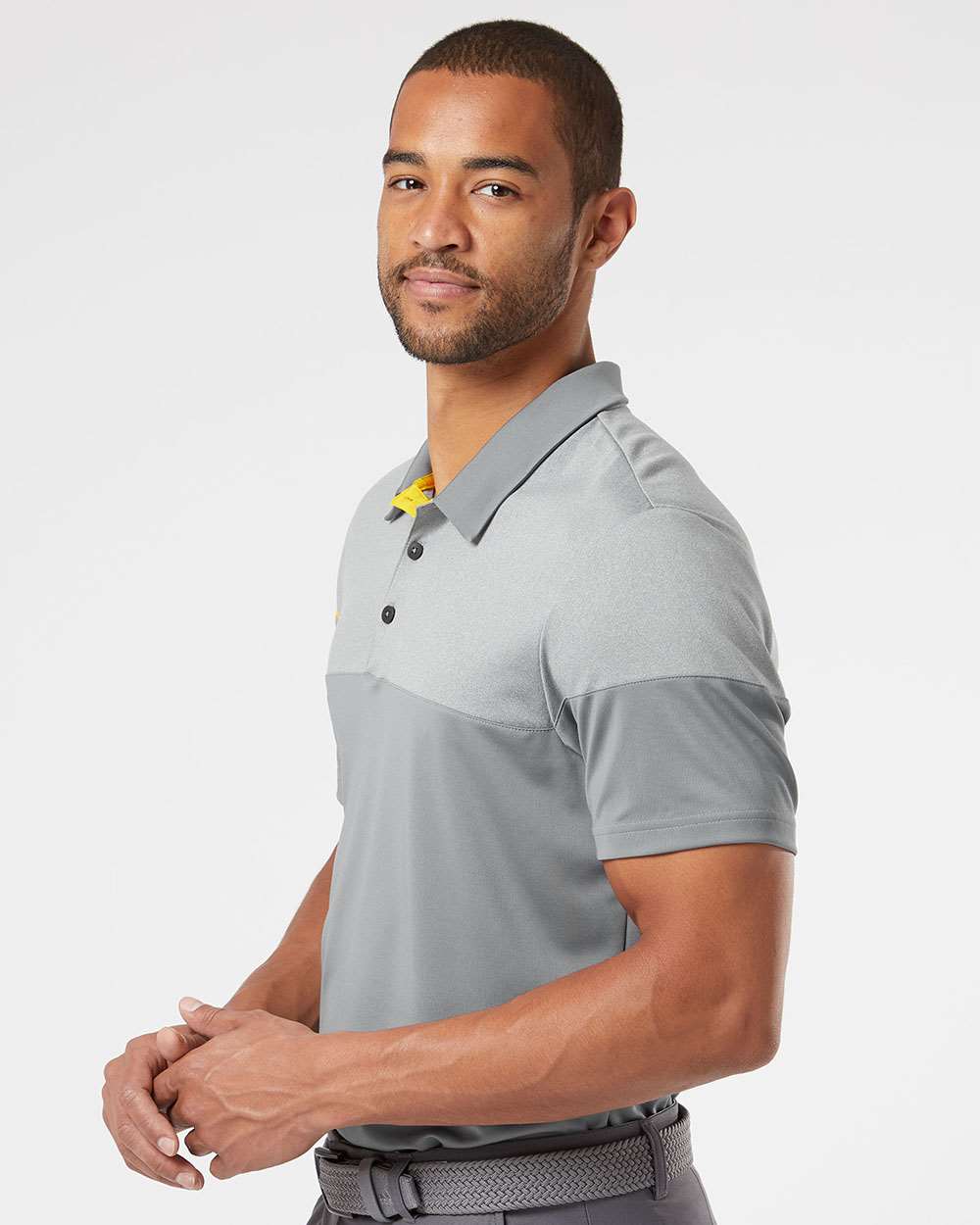 Men's Heathered 3-Stripes Colorblocked Polo - OnModelSide - B18353583 - Vista Grey/ EQT Yellow