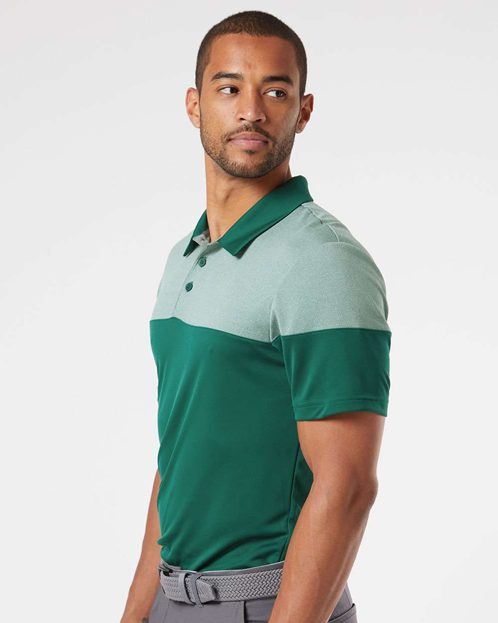 Men's Heathered 3-Stripes Colorblocked Polo - OnModelSide - B18353604 - Collegiate Green