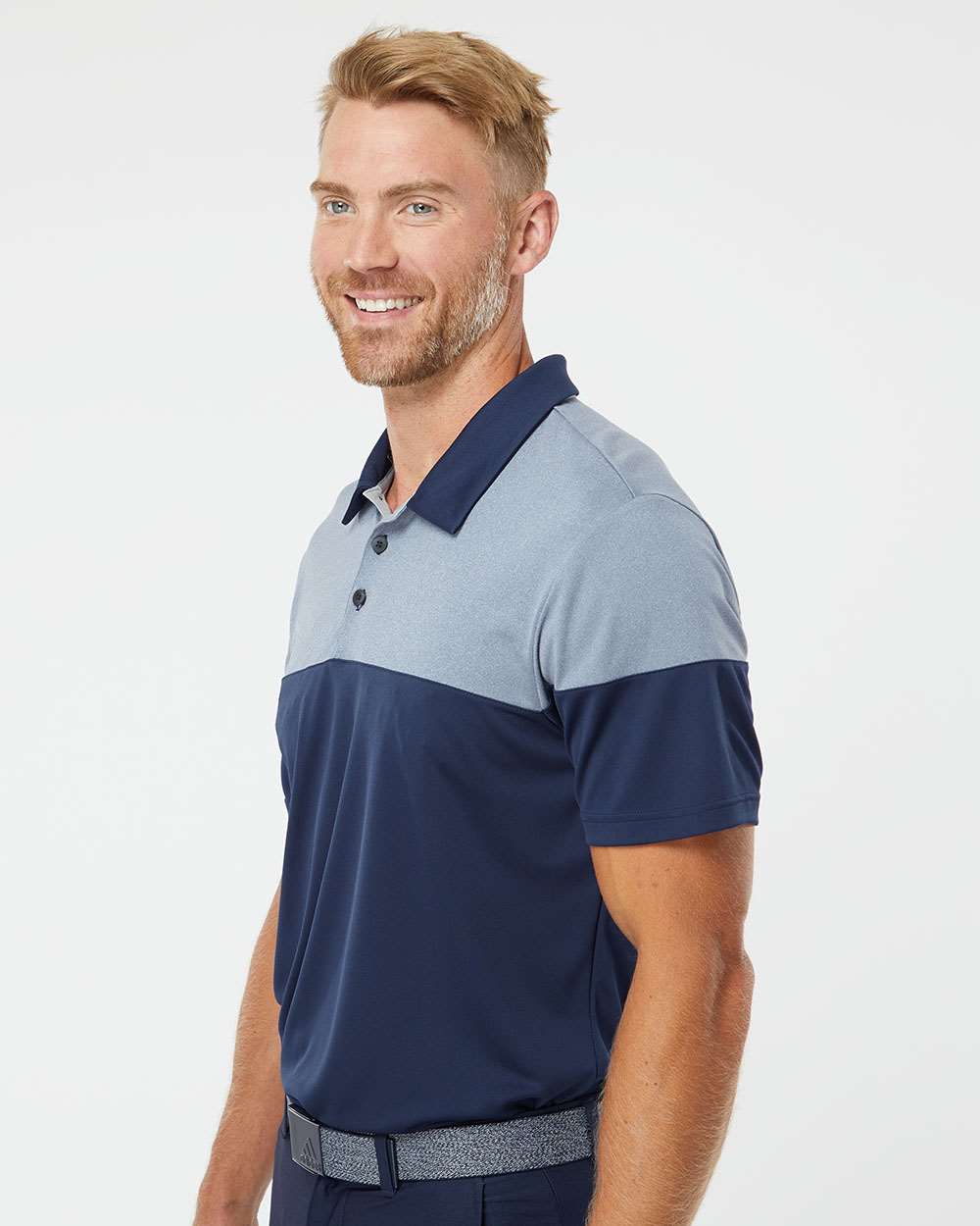 Men's Heathered 3-Stripes Colorblocked Polo - OnModelSide - B18353654 - Collegiate Navy/ Mid Grey