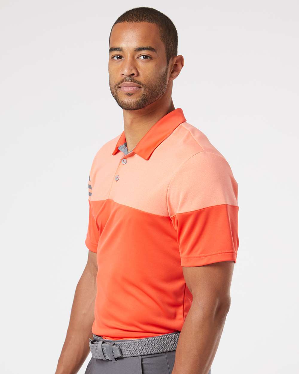 Men's Heathered 3-Stripes Colorblocked Polo - OnModelSide - B18353663 - Blaze Orange/ Vista Grey