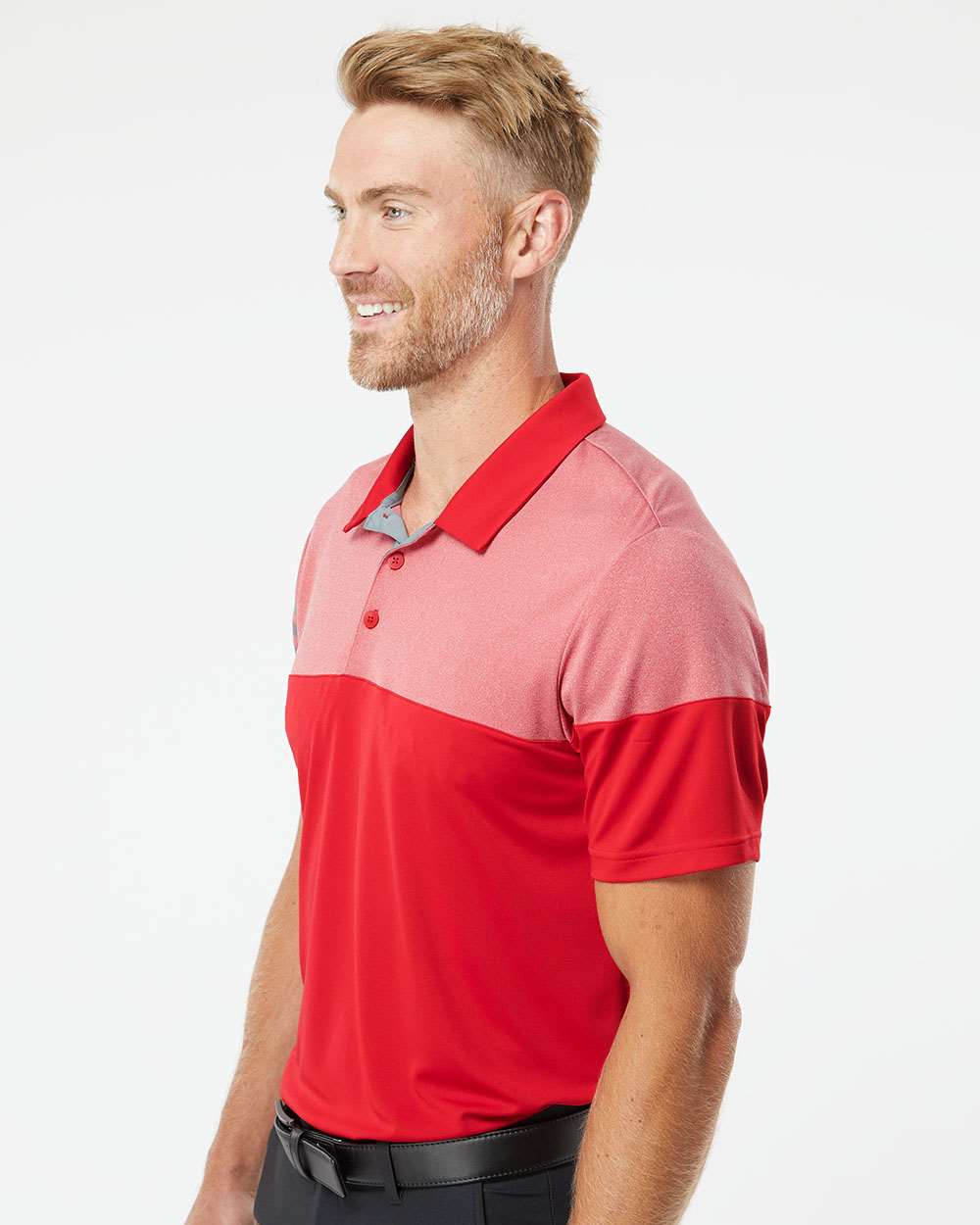 Men's Heathered 3-Stripes Colorblocked Polo - OnModelSide - B18353704 - Power Red