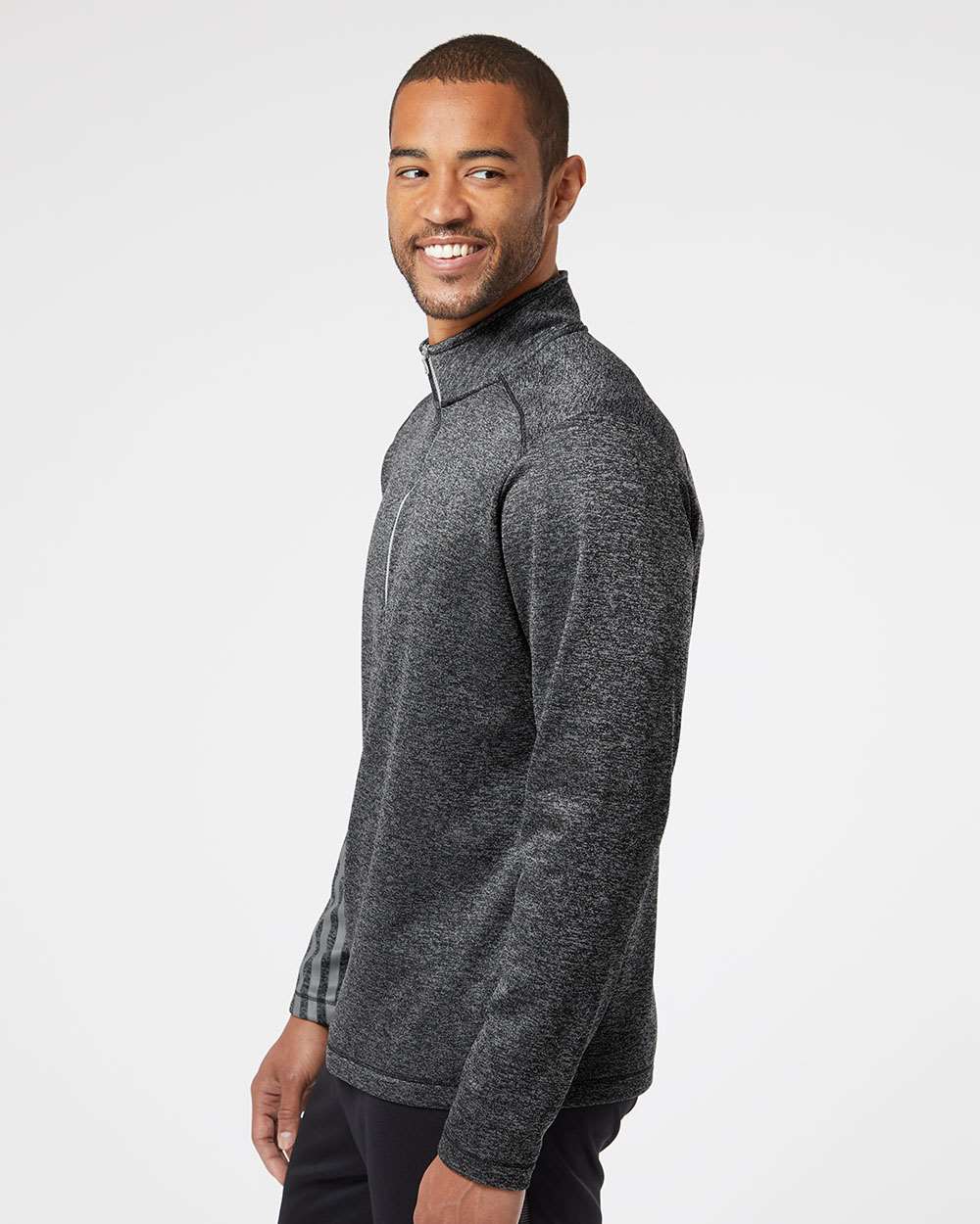 Men's Brushed Terry Heathered Quarter-Zip Pullover - OnModelSide - B12053503 - Black Heather/ Mid Grey