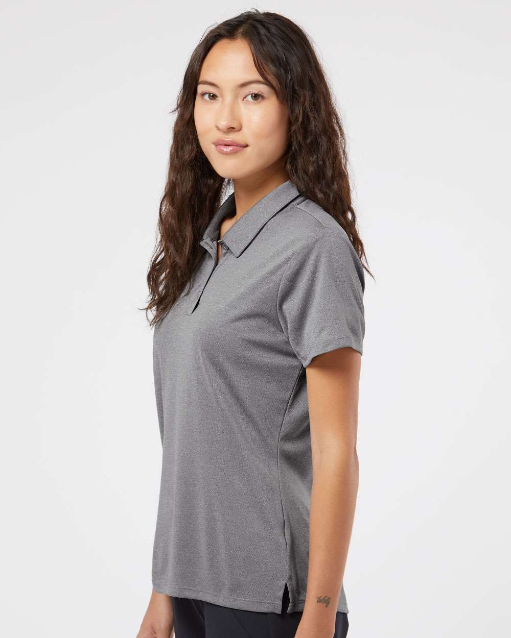 Women's Heathered Polo - OnModelSide - B80953503 - Black Heather