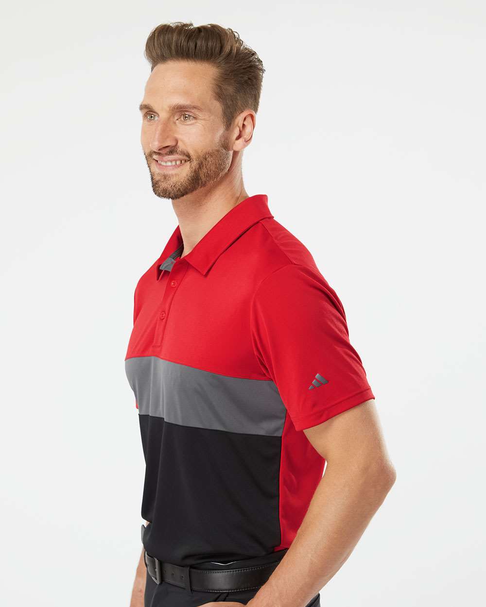 Men's Merch Block Polo - OnModelSide - B02953704 - Collegiate Red/ Grey Five/ Black