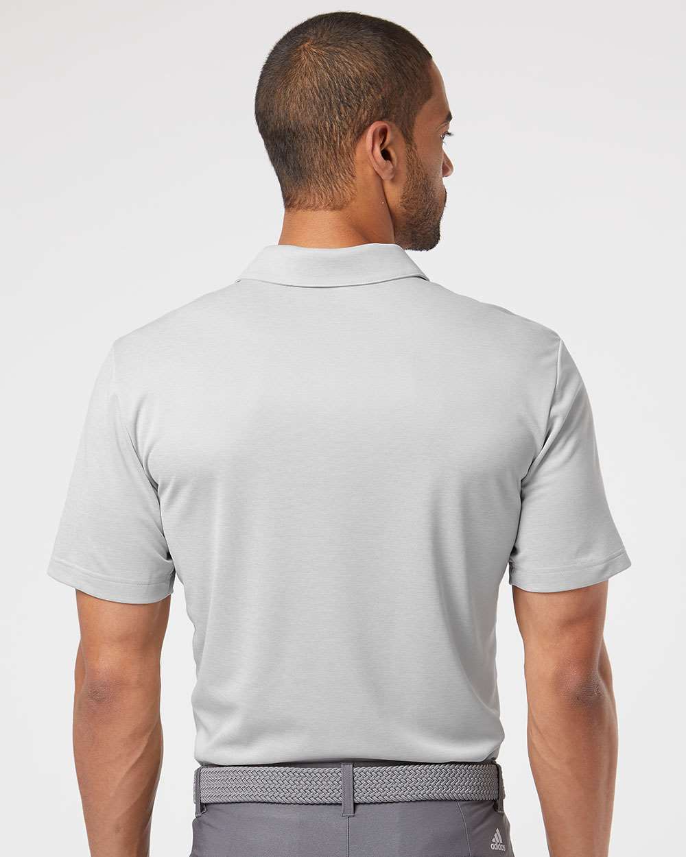 Men's Heathered Colorblocked 3-Stripes Polo - OnModelBack - B03753113 - Grey Two Heather/ Hi-Res Coral Heather