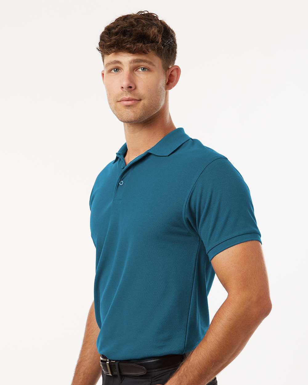 Men's Pique Polo - OnModelSide - B00596222 - Pacific Blue