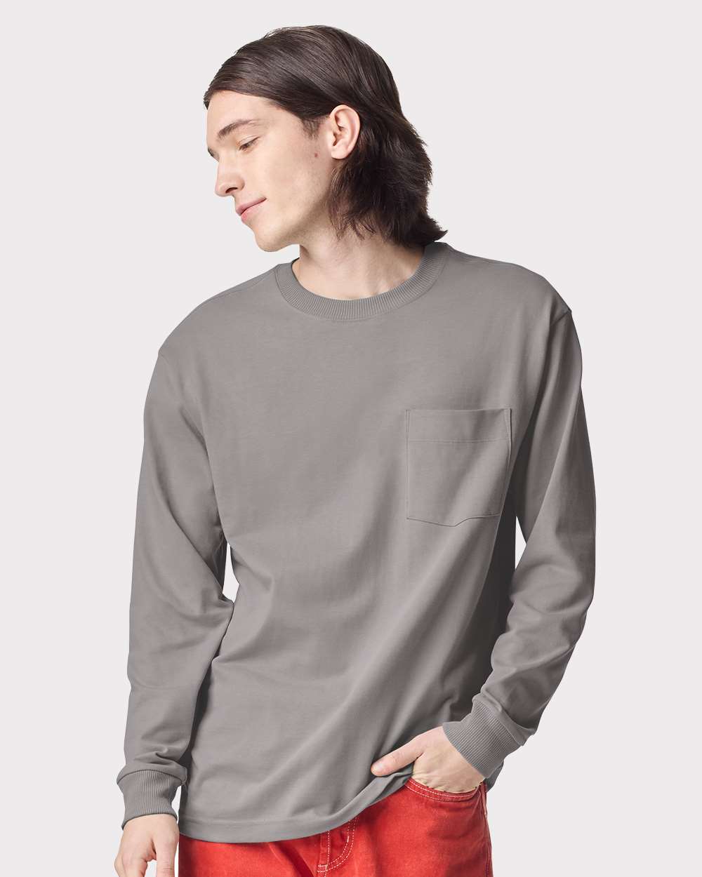Super Heavyweight Long Sleeve Pocket Tee - OnModelFront - B03527593 - Gravel