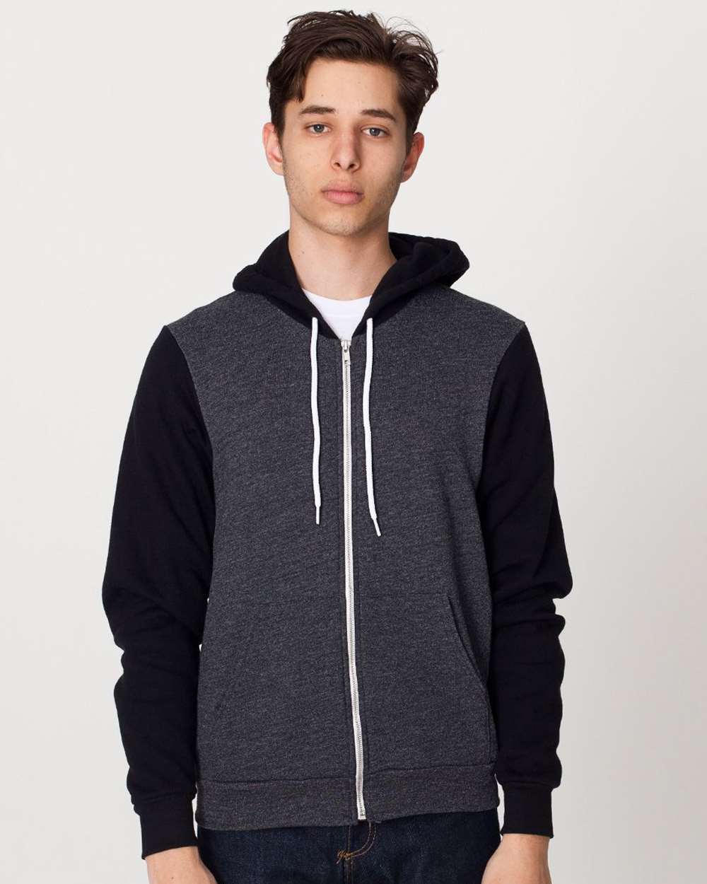 Unisex USA-Made Flex Fleece Full-Zip Hoodie - OnModelFront - B00227102 - Dark Heather Grey/ Black (Disc)