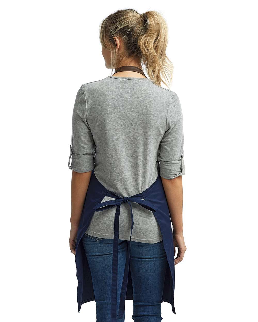 Espresso Bib Apron with Pocket - OnModelBack - B381A1650 - Navy/ Brown