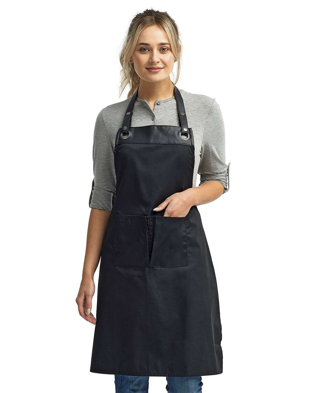 Espresso Bib Apron with Pocket - OnModelFront - B381A1500 - Black/ Black