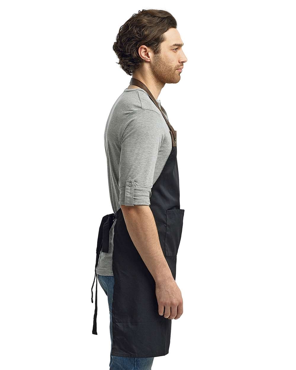 Espresso Bib Apron with Pocket - OnModelSide - B381A1100 - Black/ Brown