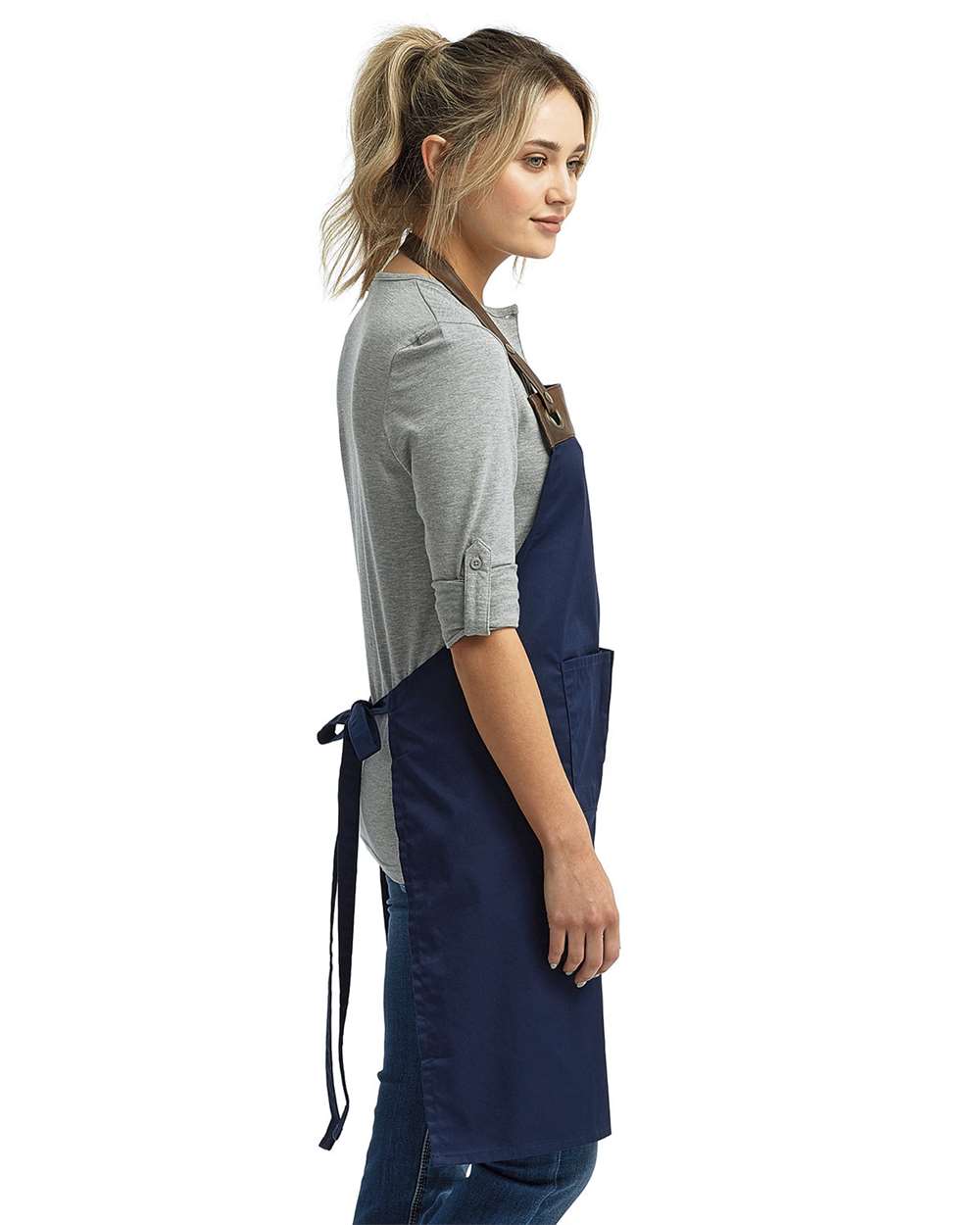 Espresso Bib Apron with Pocket - OnModelSide - B381A1650 - Navy/ Brown