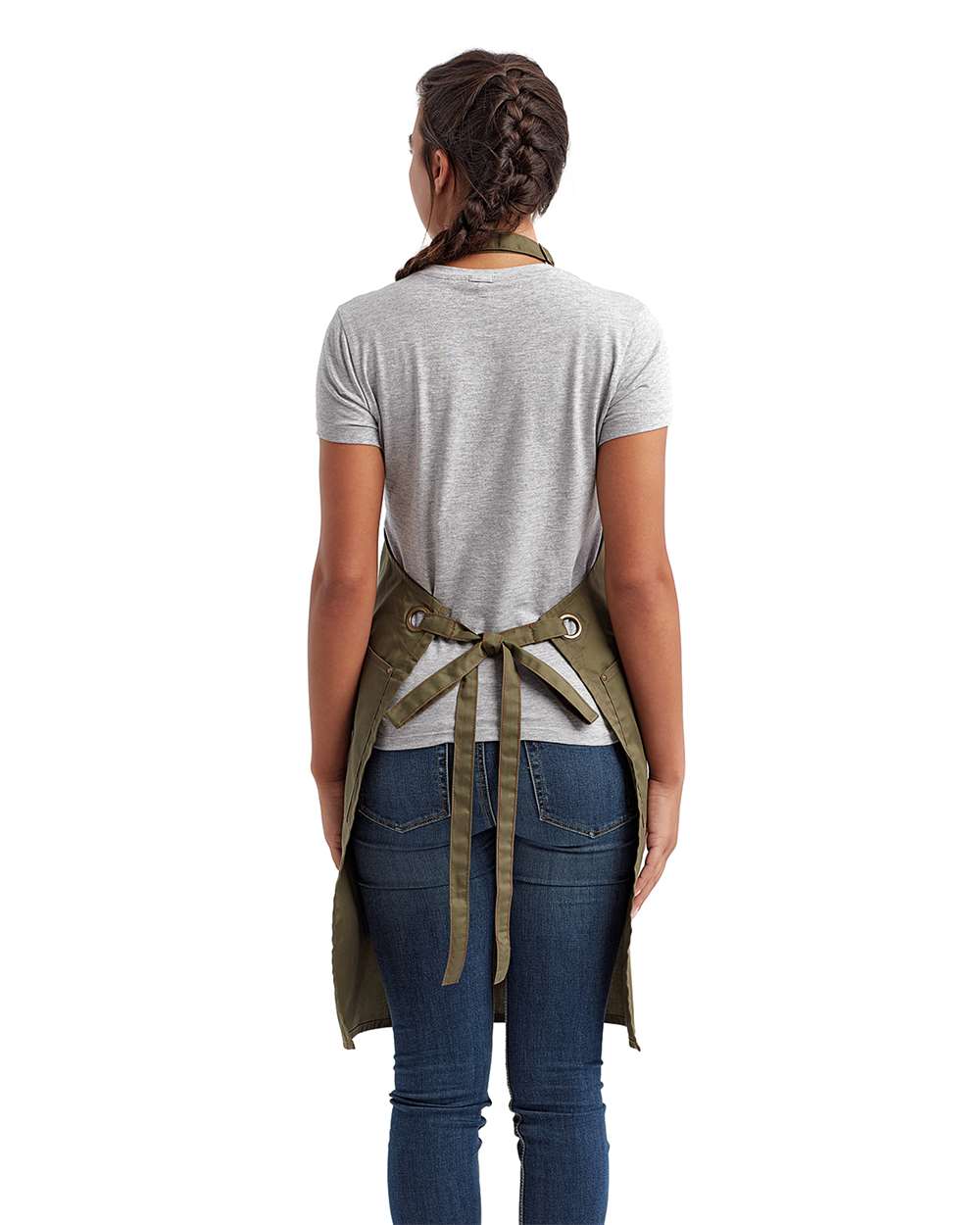 Barley Recycled Bib Apron with Pocket - OnModelBack - B379A1540 - Olive/ Chestnut