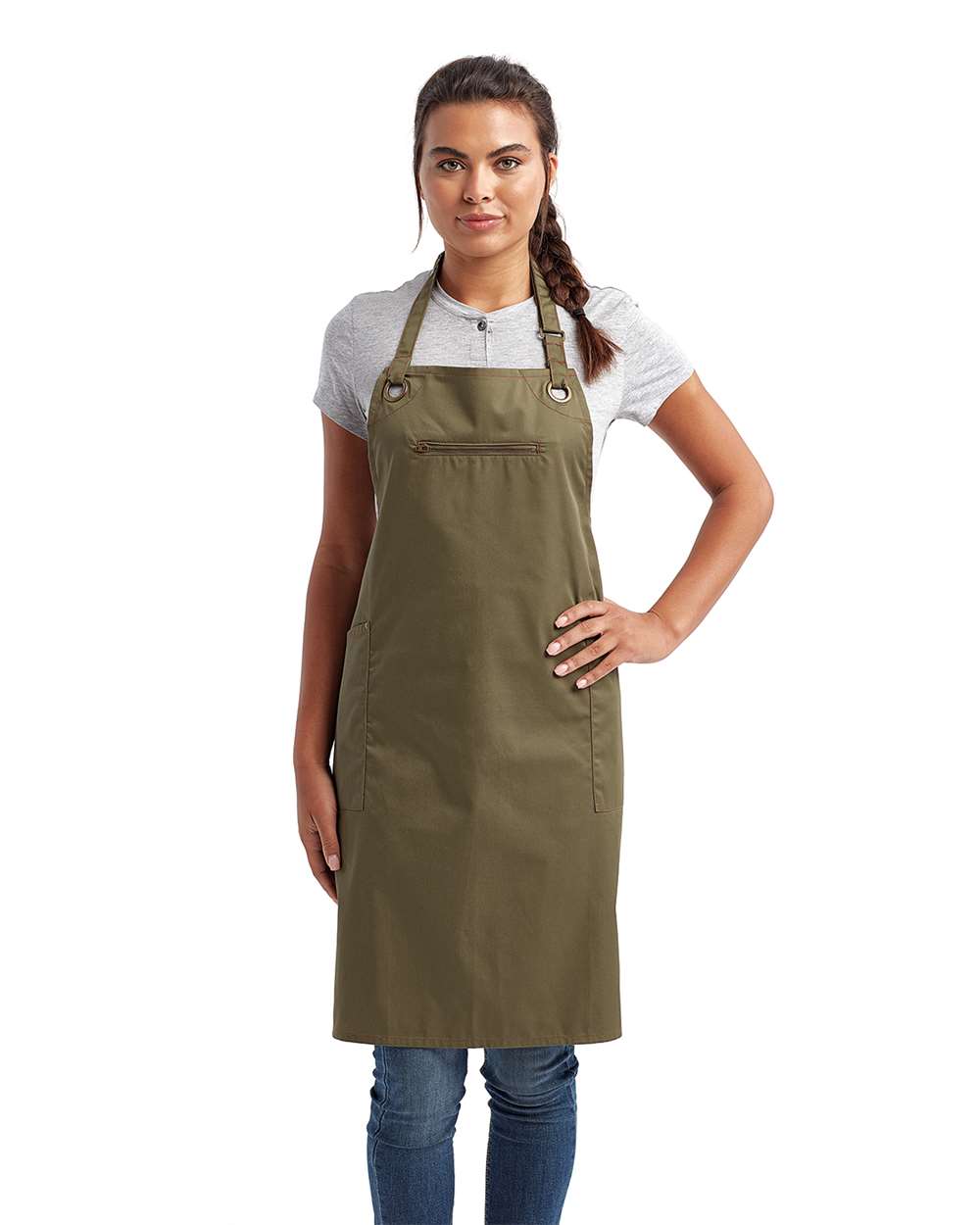 Barley Recycled Bib Apron with Pocket - OnModelFront - B379A1540 - Olive/ Chestnut