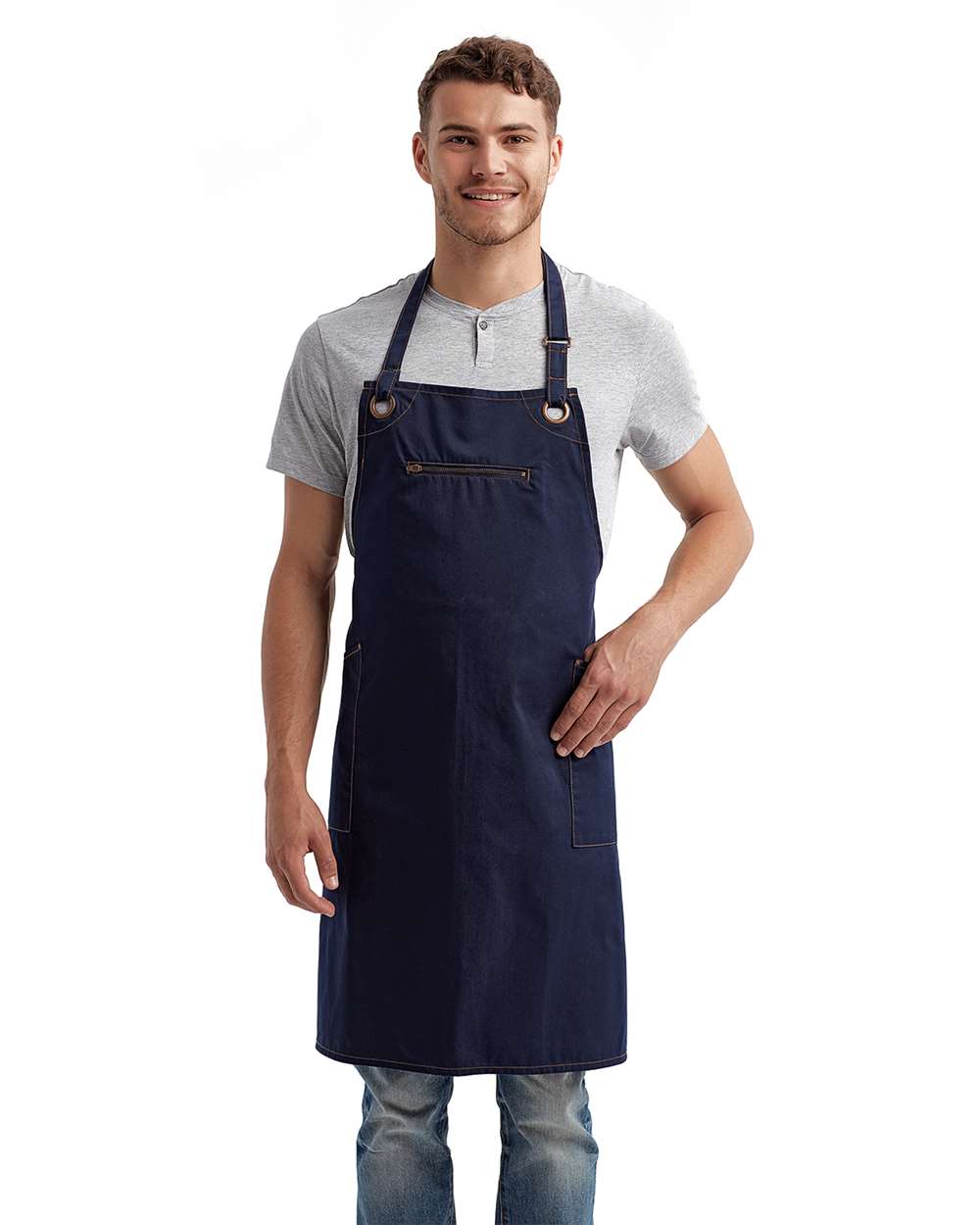 Barley Recycled Bib Apron with Pocket - OnModelFront - B379A1650 - Navy/ Camel