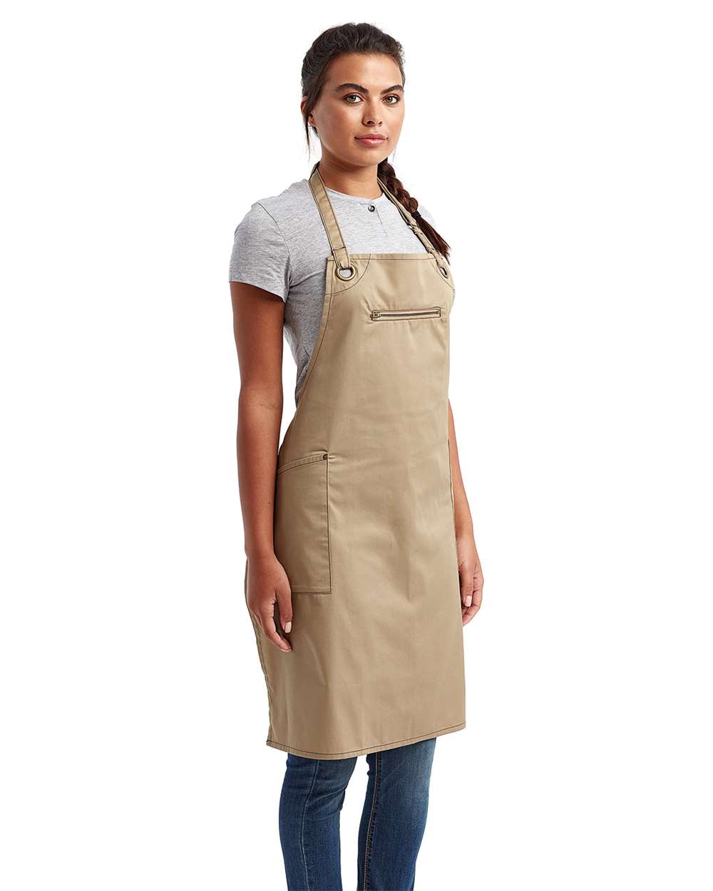 Barley Recycled Bib Apron with Pocket - OnModelSide - B379A1240 - Khaki/ Brown