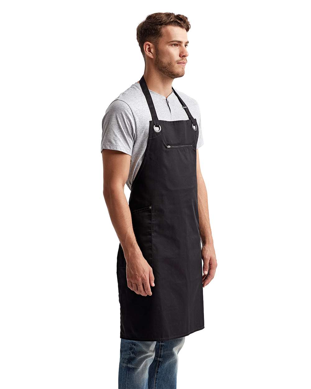 Barley Recycled Bib Apron with Pocket - OnModelSide - B379A1500 - Black/ Charcoal