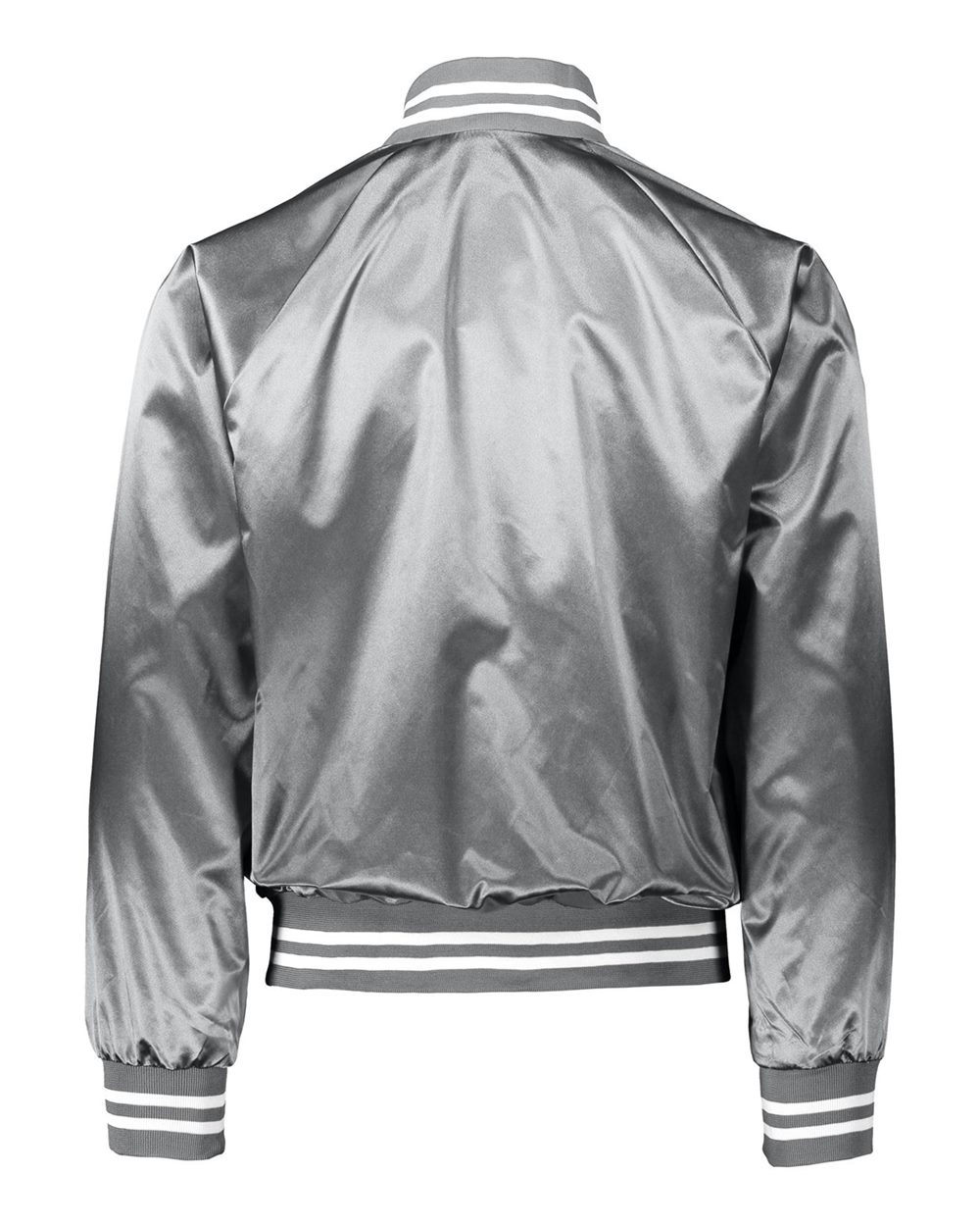 Unisex Satin Baseball Jacket Striped Trim - Back - B37034352 - Metallic Silver/ White