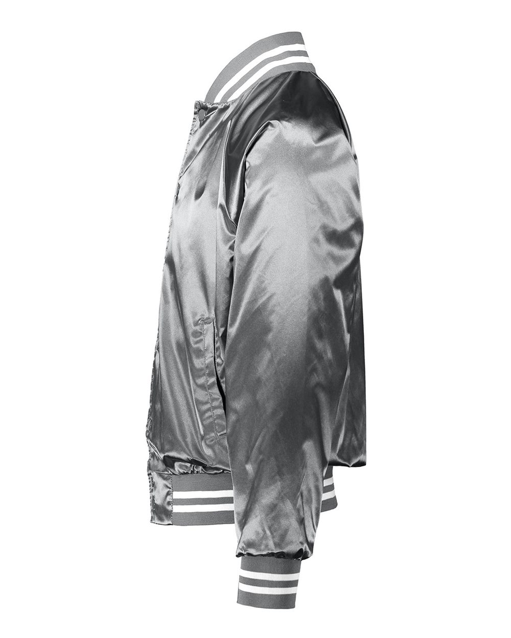 Unisex Satin Baseball Jacket Striped Trim - DirectSide - B37034352 - Metallic Silver/ White