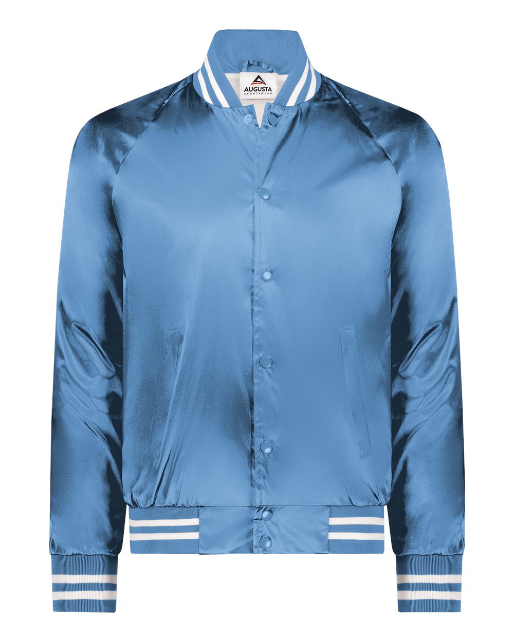 Unisex Satin Baseball Jacket Striped Trim - Front - B37034252 - Columbia Blue/ White