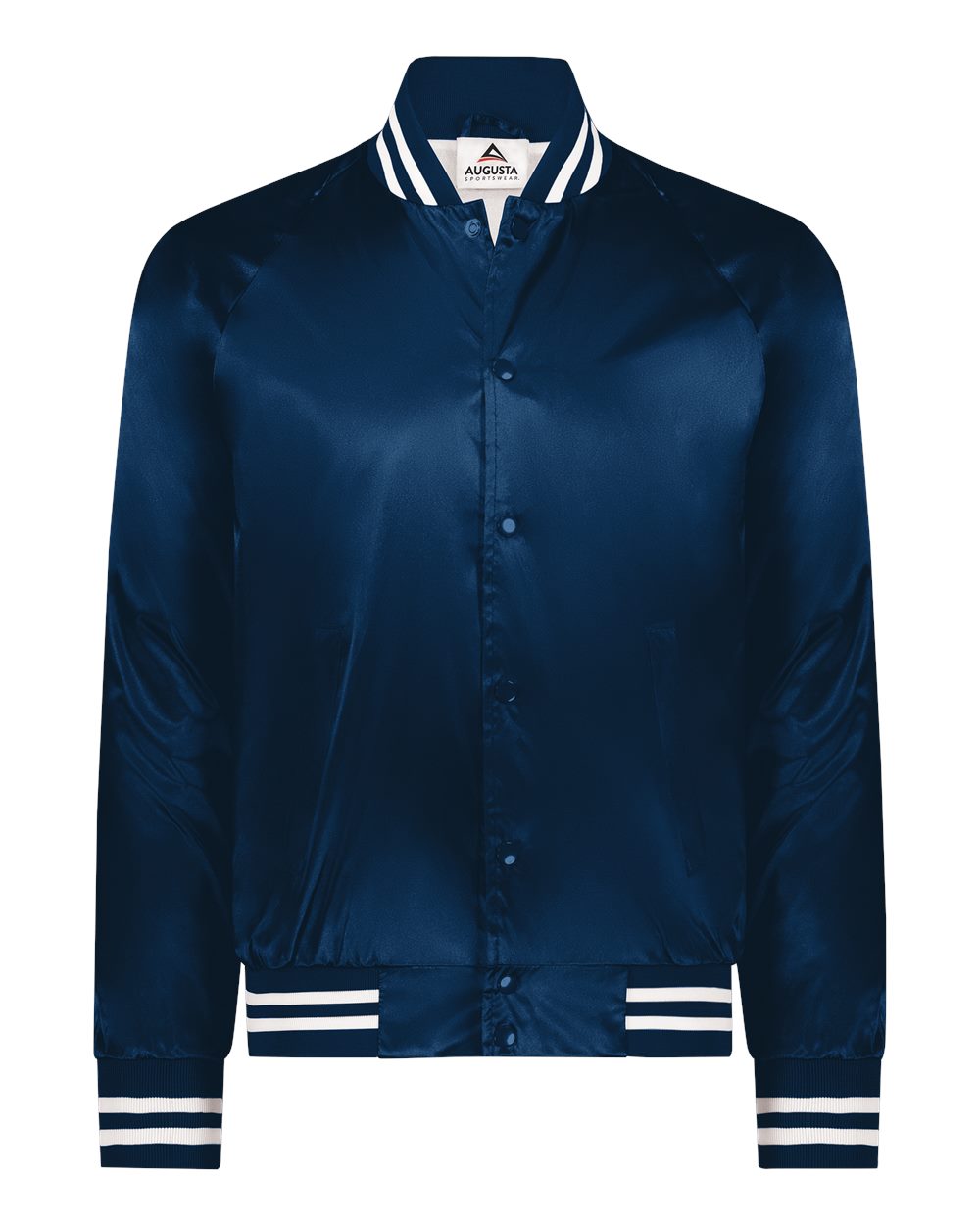 Unisex Satin Baseball Jacket Striped Trim - Front - B37034652 - Navy/ White
