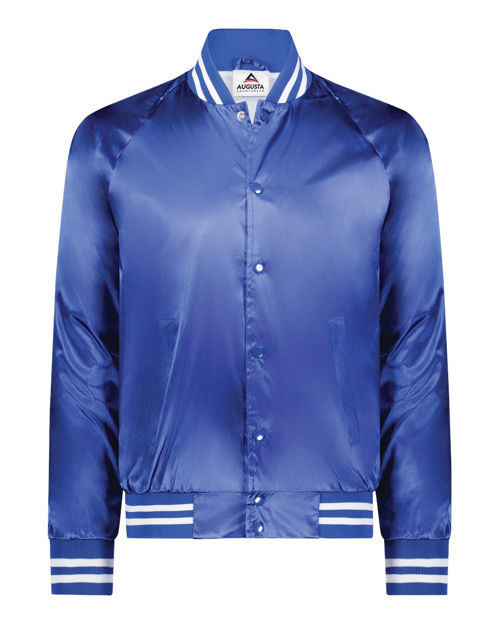 Unisex Satin Baseball Jacket Striped Trim - Front - B37034752 - Royal/ White