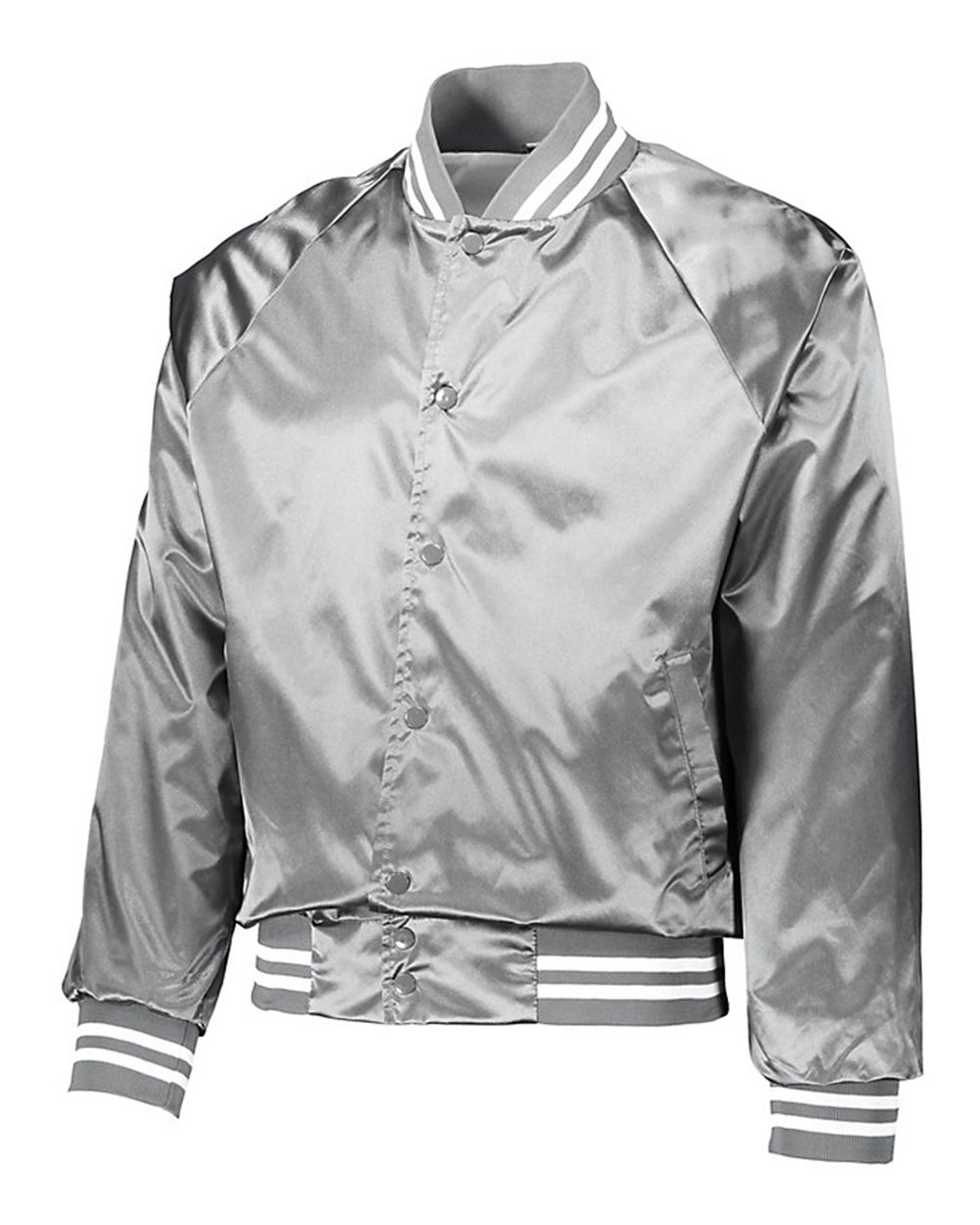 Unisex Satin Baseball Jacket Striped Trim - Side - B37034352 - Metallic Silver/ White