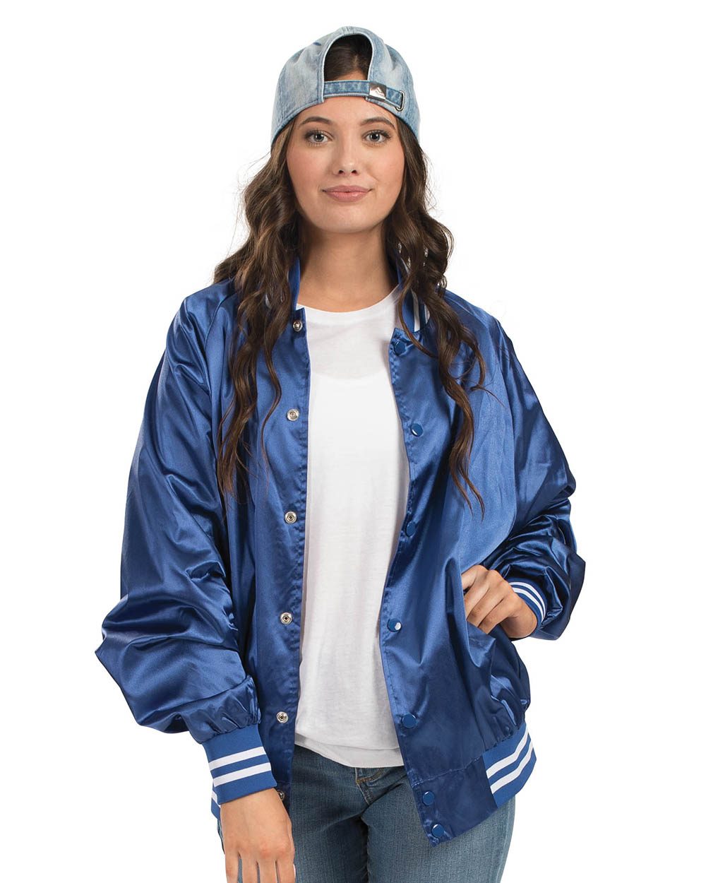 Unisex Satin Baseball Jacket Striped Trim - styleImage