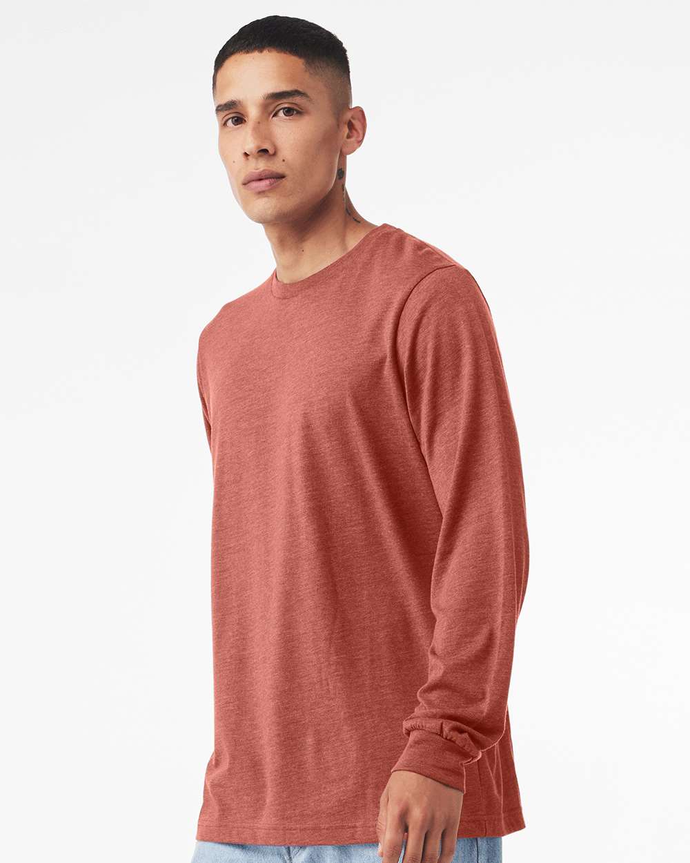 Heather CVC Long Sleeve Tee - OnModelSide - B02906032 - Heather Clay