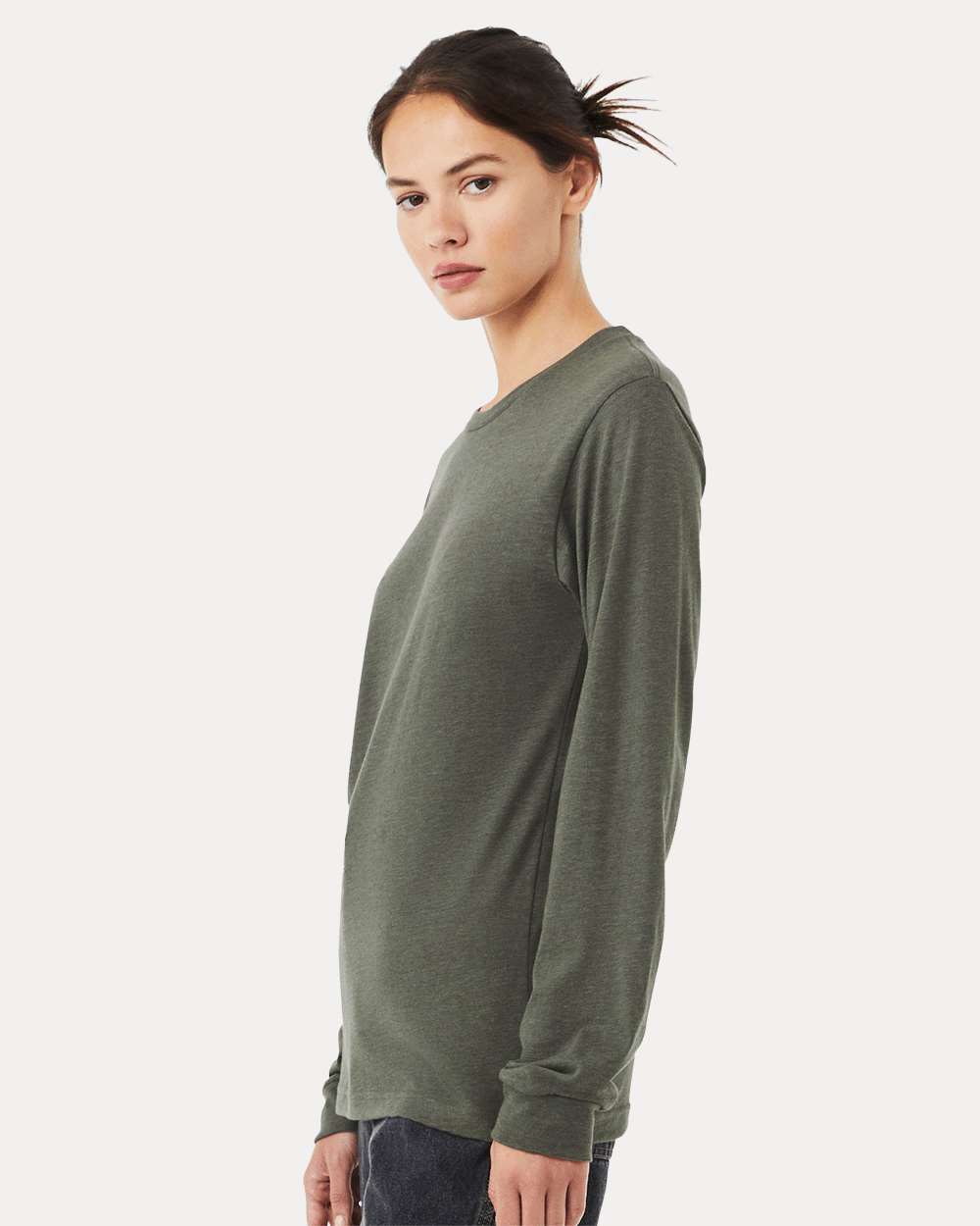 Heather CVC Long Sleeve Tee - OnModelSide - B02906152 - Heather Military Green
