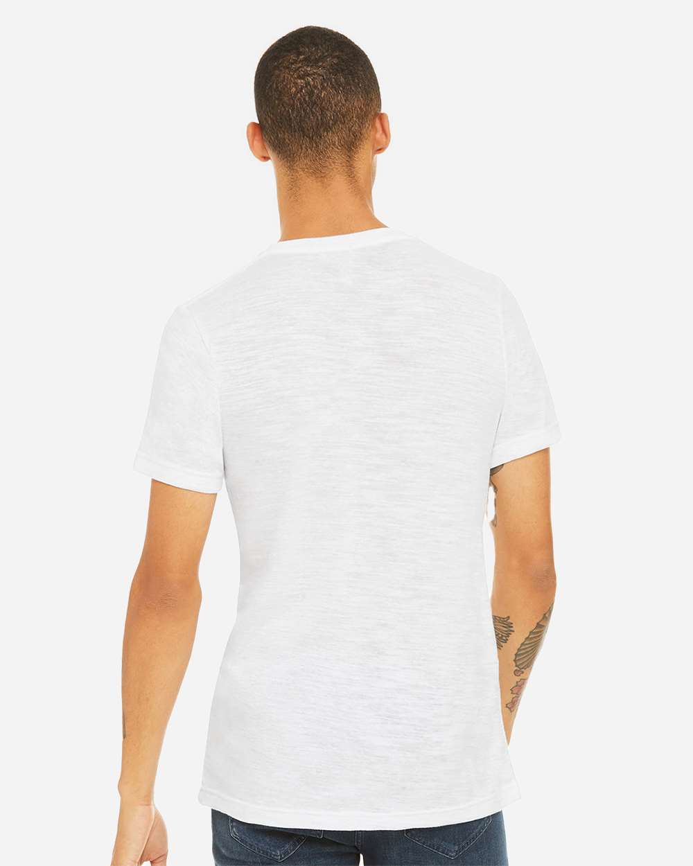 Unisex Textured Jersey V-Neck Tee - OnModelBack - B03406032 - White Slub