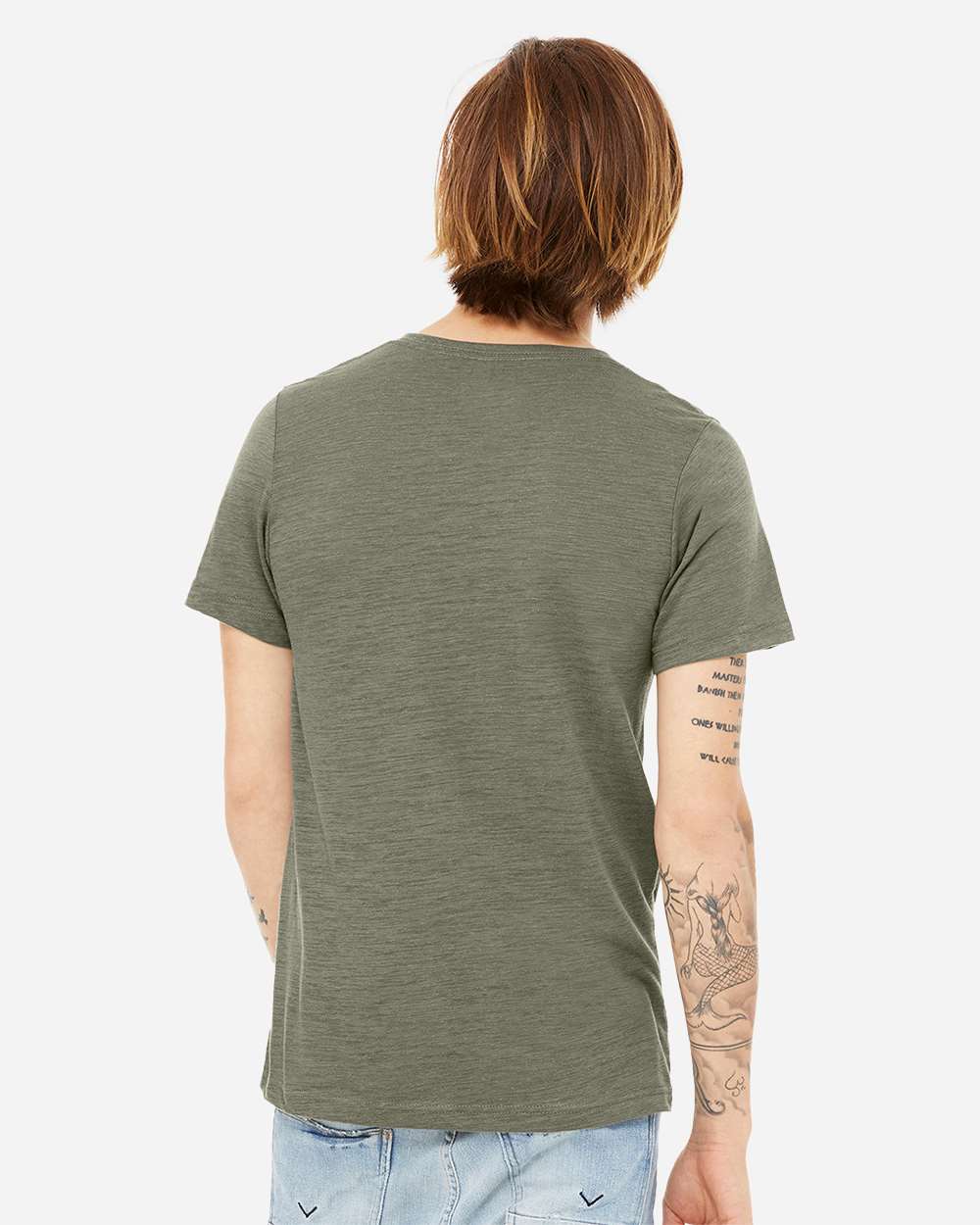 Unisex Textured Jersey V-Neck Tee - OnModelBack - B03406142 - Olive Slub