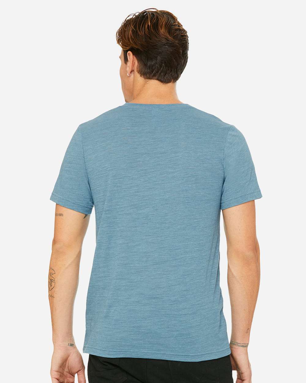 Unisex Textured Jersey V-Neck Tee - OnModelBack - B03406982 - Denim Slub