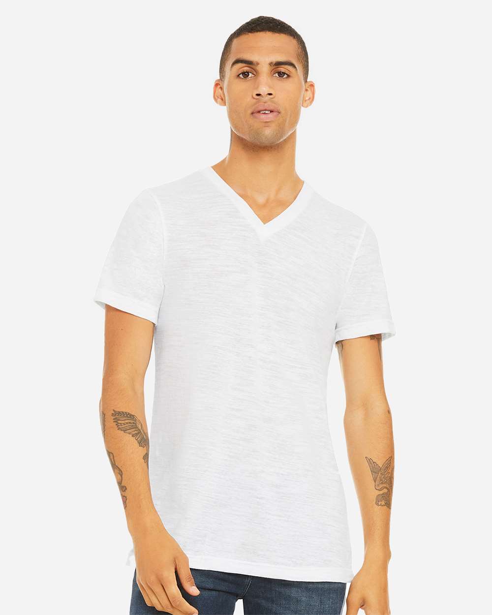 Unisex Textured Jersey V-Neck Tee - OnModelFront - B03406032 - White Slub