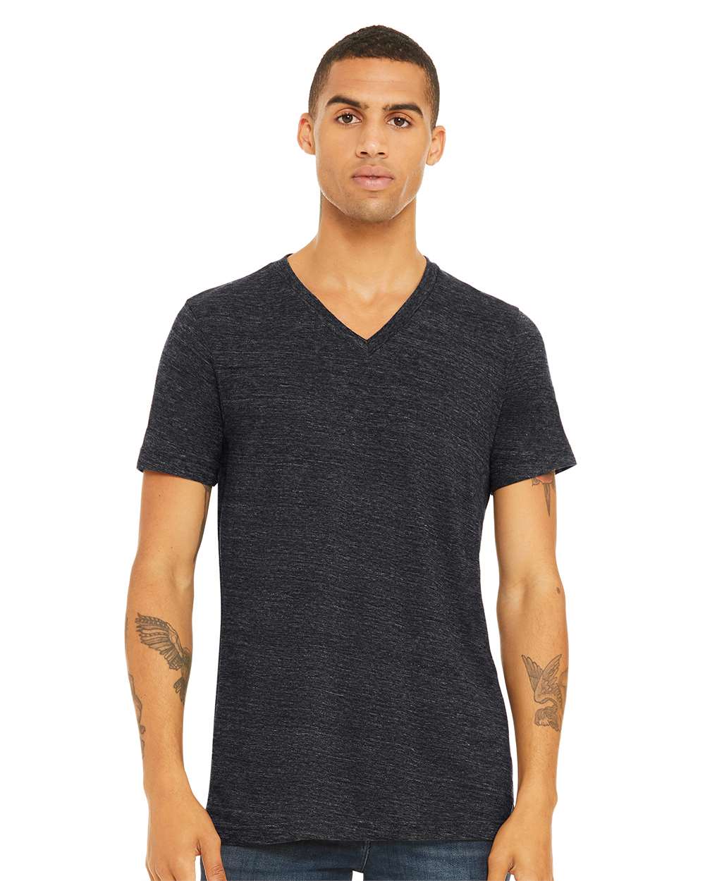 Unisex Textured Jersey V-Neck Tee - OnModelFront - B03406112 - Charcoal Black Slub