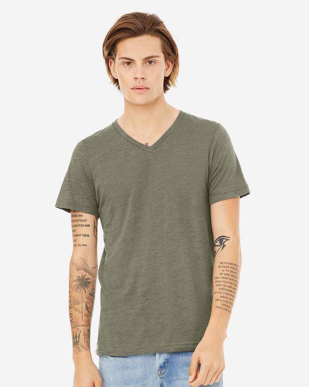 Unisex Textured Jersey V-Neck Tee - OnModelFront - B03406142 - Olive Slub