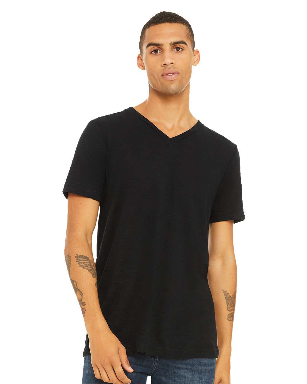 Unisex Textured Jersey V-Neck Tee - OnModelFront - B03406522 - Solid Black Slub