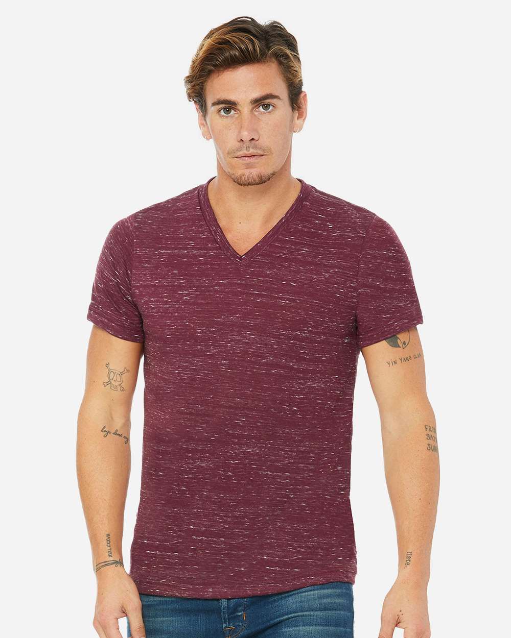 Unisex Textured Jersey V-Neck Tee - OnModelFront - B03406532 - Maroon Marble