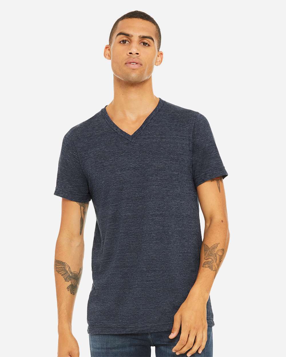Unisex Textured Jersey V-Neck Tee - OnModelFront - B03406652 - Navy Slub