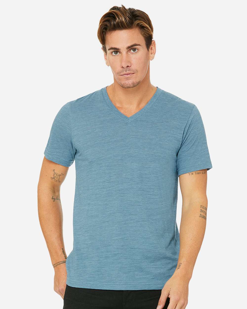 Unisex Textured Jersey V-Neck Tee - OnModelFront - B03406982 - Denim Slub