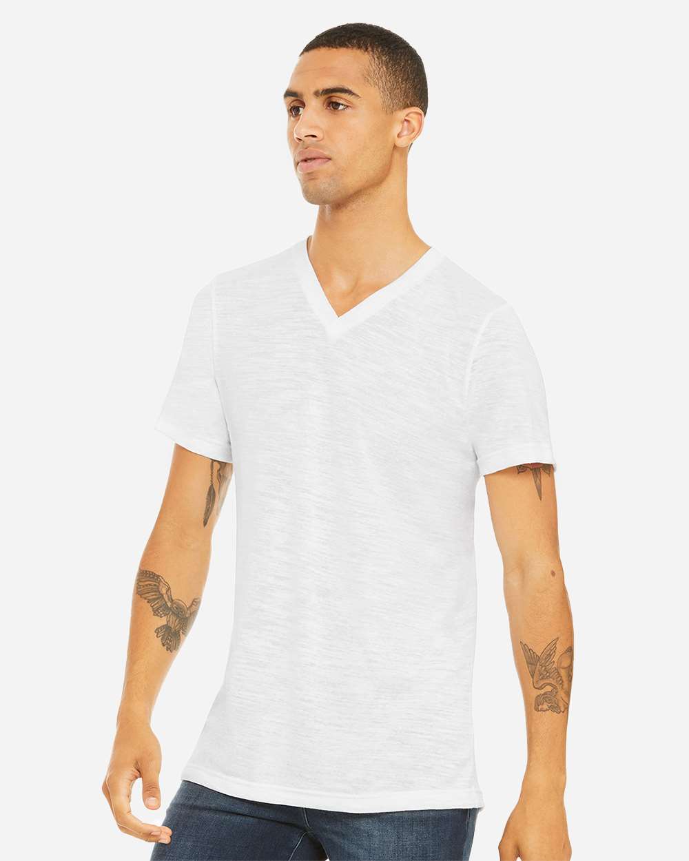 Unisex Textured Jersey V-Neck Tee - OnModelSide - B03406032 - White Slub