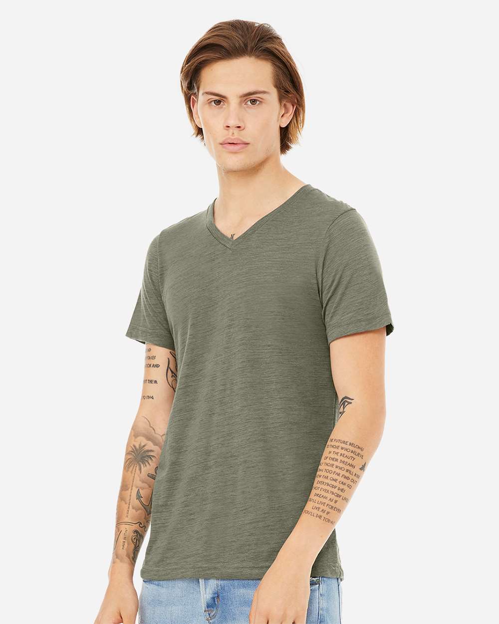 Unisex Textured Jersey V-Neck Tee - OnModelSide - B03406142 - Olive Slub