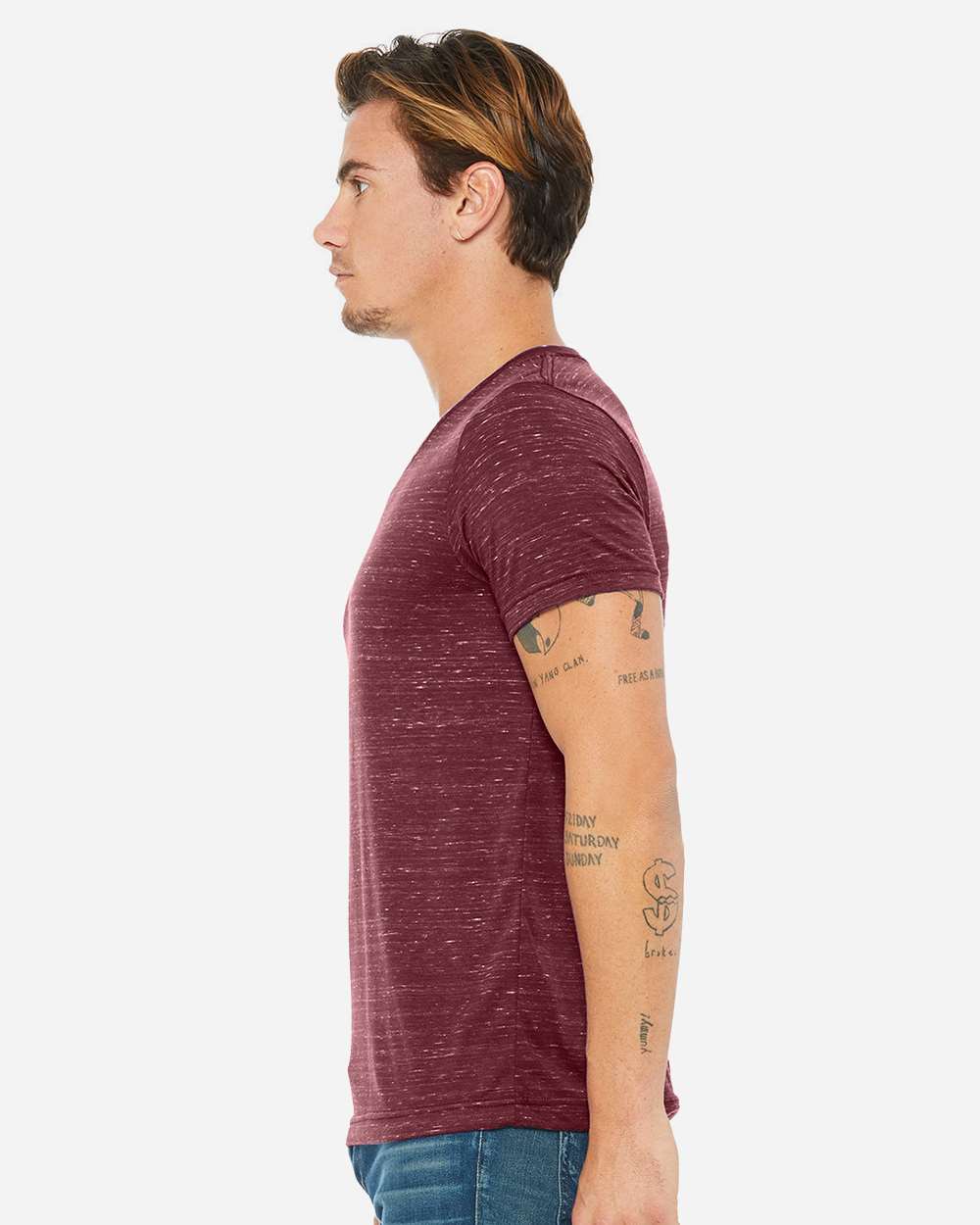 Unisex Textured Jersey V-Neck Tee - OnModelSide - B03406532 - Maroon Marble